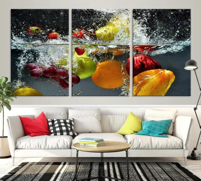 The "Kitchen Vegetables World Wall Art Canvas Print," featuring a triptych design on museum-quality canvas with a UV-protective coating, captures the dynamic scene of fruits splashing into water. Enjoy this vibrant piece with free shipping.