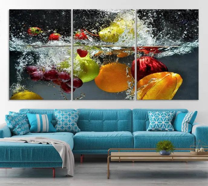 The "Kitchen Vegetables World Wall Art Canvas Print," featuring a triptych design on museum-quality canvas with a UV-protective coating, captures the dynamic scene of fruits splashing into water. Enjoy this vibrant piece with free shipping.