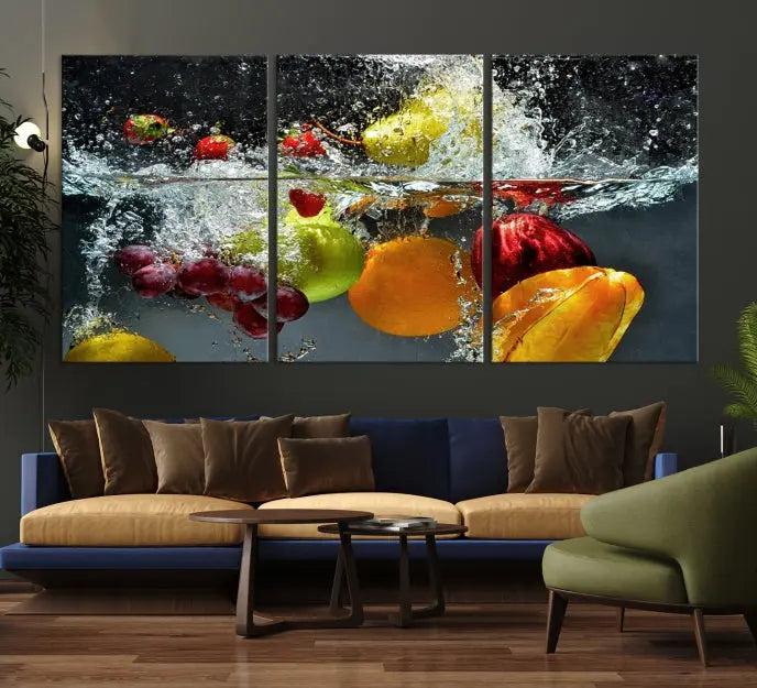 The "Kitchen Vegetables World Wall Art Canvas Print," featuring a triptych design on museum-quality canvas with a UV-protective coating, captures the dynamic scene of fruits splashing into water. Enjoy this vibrant piece with free shipping.