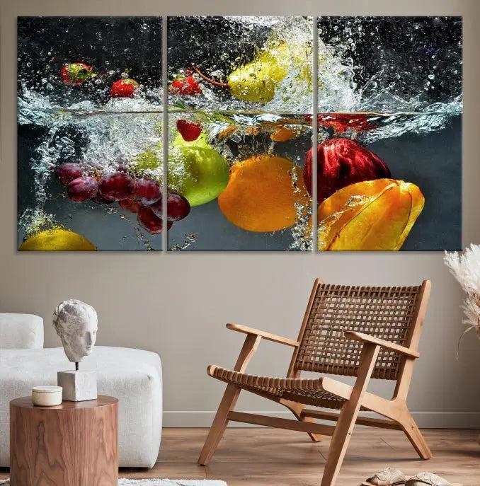 The "Kitchen Vegetables World Wall Art Canvas Print," featuring a triptych design on museum-quality canvas with a UV-protective coating, captures the dynamic scene of fruits splashing into water. Enjoy this vibrant piece with free shipping.