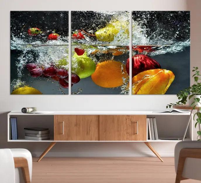 The "Kitchen Vegetables World Wall Art Canvas Print," featuring a triptych design on museum-quality canvas with a UV-protective coating, captures the dynamic scene of fruits splashing into water. Enjoy this vibrant piece with free shipping.