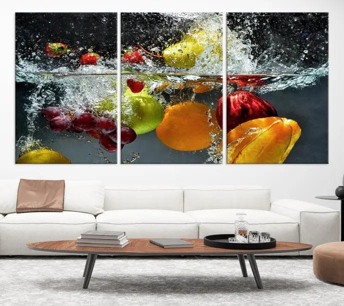 The "Kitchen Vegetables World Wall Art Canvas Print," featuring a triptych design on museum-quality canvas with a UV-protective coating, captures the dynamic scene of fruits splashing into water. Enjoy this vibrant piece with free shipping.