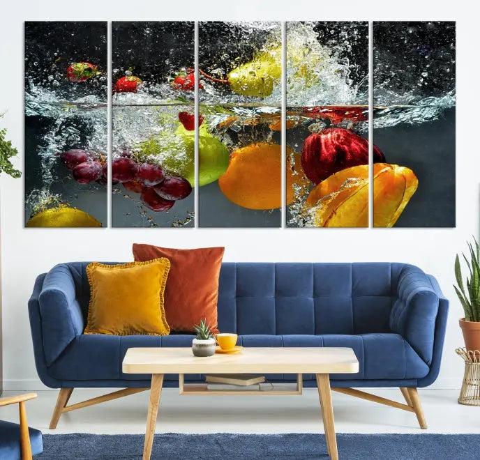 The "Kitchen Vegetables World Wall Art Canvas Print," featuring a triptych design on museum-quality canvas with a UV-protective coating, captures the dynamic scene of fruits splashing into water. Enjoy this vibrant piece with free shipping.