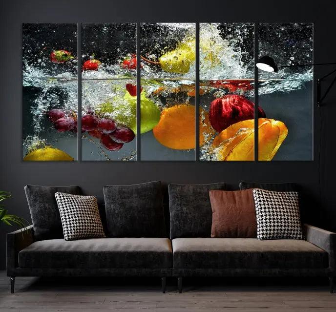 The "Kitchen Vegetables World Wall Art Canvas Print," featuring a triptych design on museum-quality canvas with a UV-protective coating, captures the dynamic scene of fruits splashing into water. Enjoy this vibrant piece with free shipping.