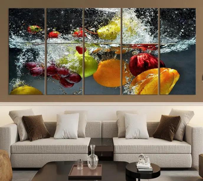 The "Kitchen Vegetables World Wall Art Canvas Print," featuring a triptych design on museum-quality canvas with a UV-protective coating, captures the dynamic scene of fruits splashing into water. Enjoy this vibrant piece with free shipping.