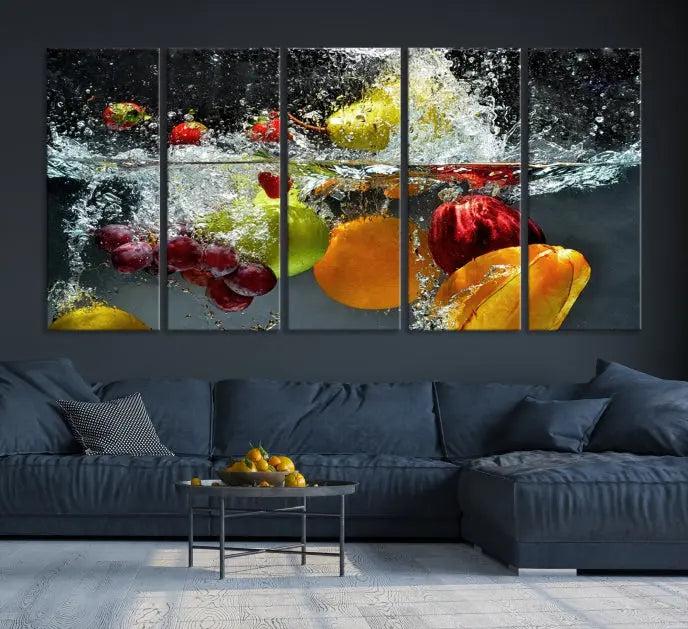 The "Kitchen Vegetables World Wall Art Canvas Print," featuring a triptych design on museum-quality canvas with a UV-protective coating, captures the dynamic scene of fruits splashing into water. Enjoy this vibrant piece with free shipping.