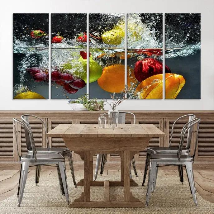 The "Kitchen Vegetables World Wall Art Canvas Print," featuring a triptych design on museum-quality canvas with a UV-protective coating, captures the dynamic scene of fruits splashing into water. Enjoy this vibrant piece with free shipping.