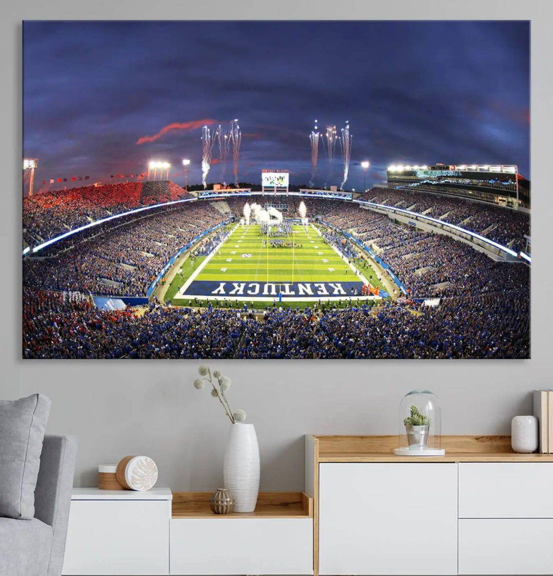 The Kroger Field Canvas Wall Art beautifully captures the thrill of a stadium filled with spectators during a football game, illuminated by fireworks in the evening sky. This handmade piece offers a gallery-quality finish on premium canvas, making it an ideal addition to your home or office.