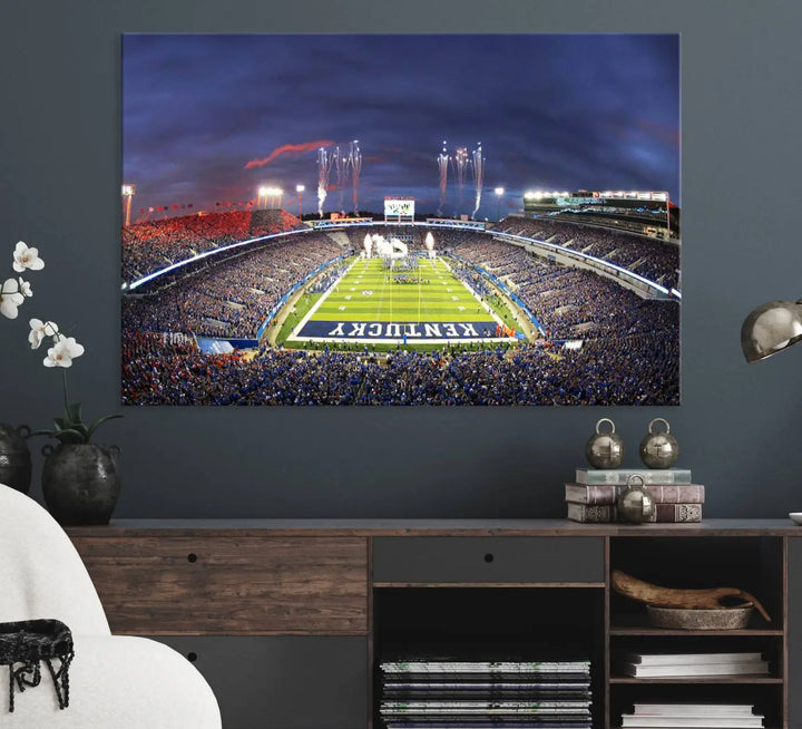 The Kroger Field Canvas Wall Art beautifully captures the thrill of a stadium filled with spectators during a football game, illuminated by fireworks in the evening sky. This handmade piece offers a gallery-quality finish on premium canvas, making it an ideal addition to your home or office.