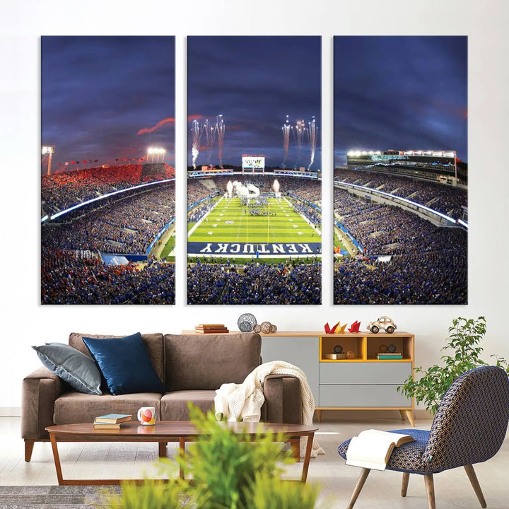 The Kroger Field Canvas Wall Art beautifully captures the thrill of a stadium filled with spectators during a football game, illuminated by fireworks in the evening sky. This handmade piece offers a gallery-quality finish on premium canvas, making it an ideal addition to your home or office.