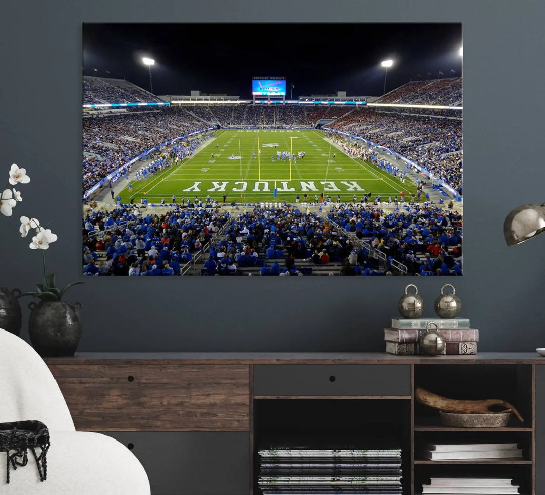 A sunset football game at Kroger Field in Lexington, with Kentucky showcased on the field, transforms into a stunning wall art piece. This premium canvas artwork, handmade in the USA, vividly encapsulates the vibrant energy and excitement of this memorable sports moment.