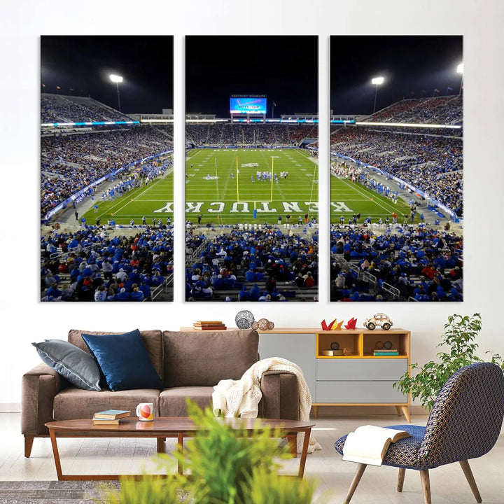 A sunset football game at Kroger Field in Lexington, with Kentucky showcased on the field, transforms into a stunning wall art piece. This premium canvas artwork, handmade in the USA, vividly encapsulates the vibrant energy and excitement of this memorable sports moment.