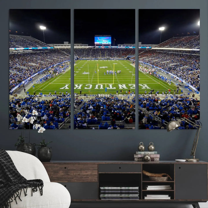 A sunset football game at Kroger Field in Lexington, with Kentucky showcased on the field, transforms into a stunning wall art piece. This premium canvas artwork, handmade in the USA, vividly encapsulates the vibrant energy and excitement of this memorable sports moment.