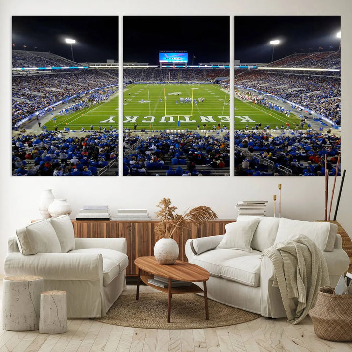 A sunset football game at Kroger Field in Lexington, with Kentucky showcased on the field, transforms into a stunning wall art piece. This premium canvas artwork, handmade in the USA, vividly encapsulates the vibrant energy and excitement of this memorable sports moment.