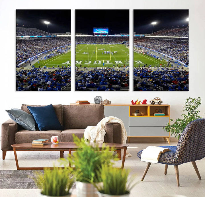 A sunset football game at Kroger Field in Lexington, with Kentucky showcased on the field, transforms into a stunning wall art piece. This premium canvas artwork, handmade in the USA, vividly encapsulates the vibrant energy and excitement of this memorable sports moment.