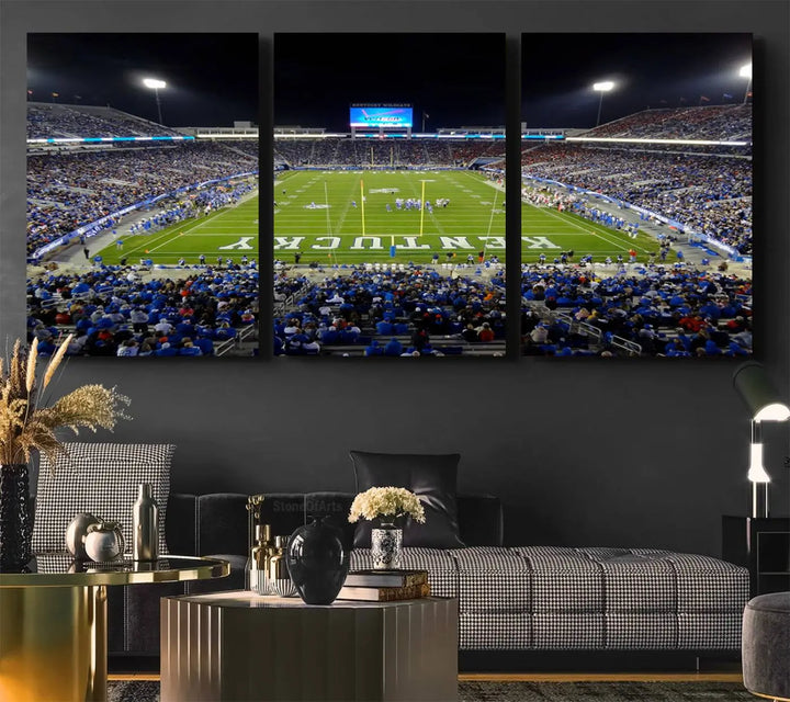 A sunset football game at Kroger Field in Lexington, with Kentucky showcased on the field, transforms into a stunning wall art piece. This premium canvas artwork, handmade in the USA, vividly encapsulates the vibrant energy and excitement of this memorable sports moment.