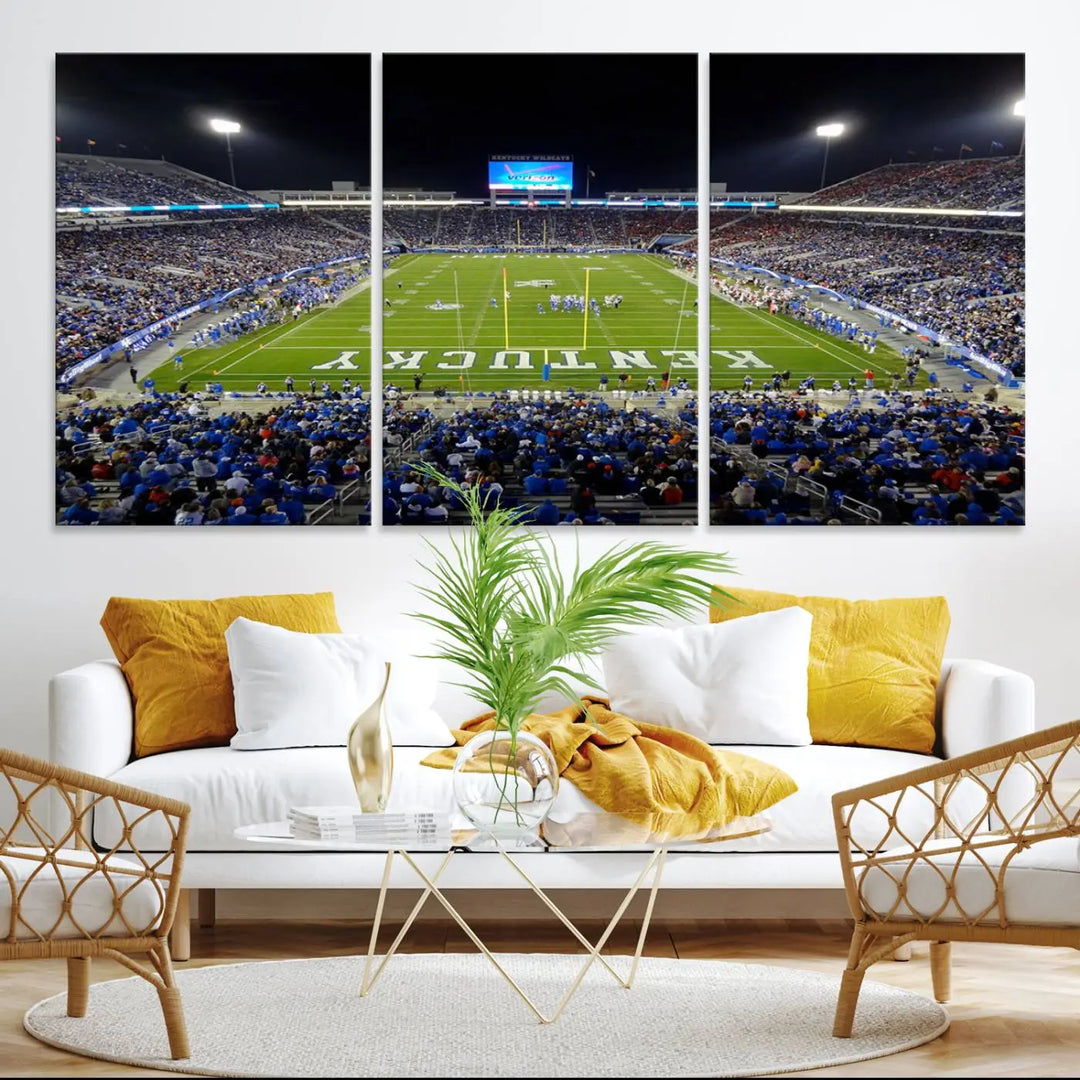 A sunset football game at Kroger Field in Lexington, with Kentucky showcased on the field, transforms into a stunning wall art piece. This premium canvas artwork, handmade in the USA, vividly encapsulates the vibrant energy and excitement of this memorable sports moment.