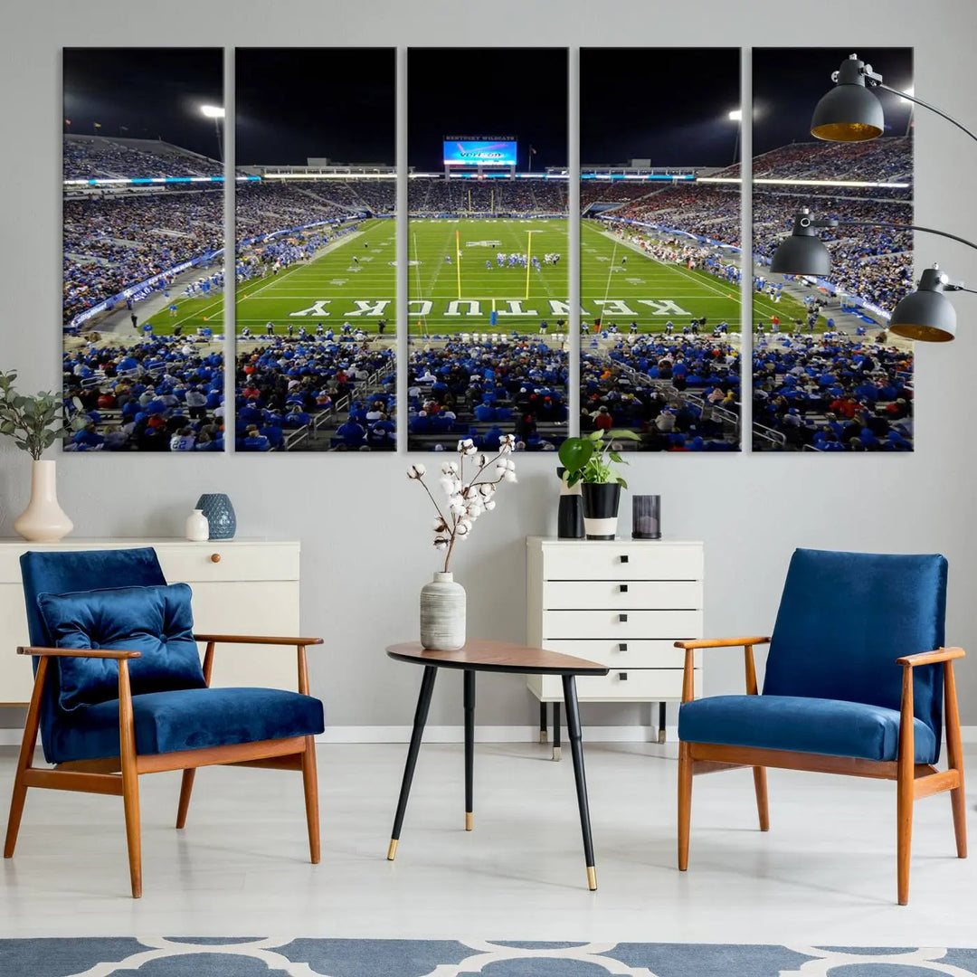 A sunset football game at Kroger Field in Lexington, with Kentucky showcased on the field, transforms into a stunning wall art piece. This premium canvas artwork, handmade in the USA, vividly encapsulates the vibrant energy and excitement of this memorable sports moment.