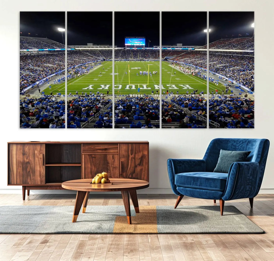 A sunset football game at Kroger Field in Lexington, with Kentucky showcased on the field, transforms into a stunning wall art piece. This premium canvas artwork, handmade in the USA, vividly encapsulates the vibrant energy and excitement of this memorable sports moment.