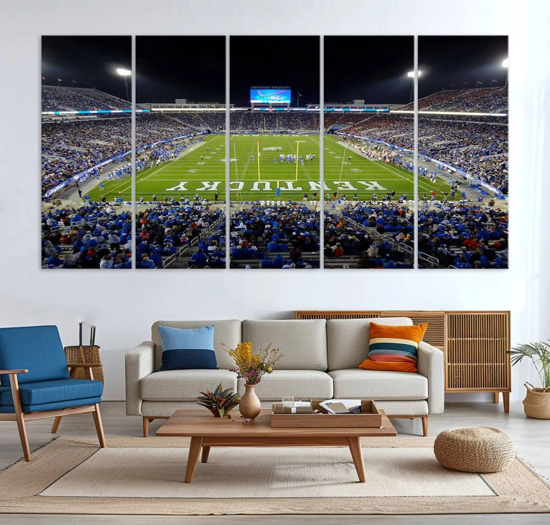 A sunset football game at Kroger Field in Lexington, with Kentucky showcased on the field, transforms into a stunning wall art piece. This premium canvas artwork, handmade in the USA, vividly encapsulates the vibrant energy and excitement of this memorable sports moment.