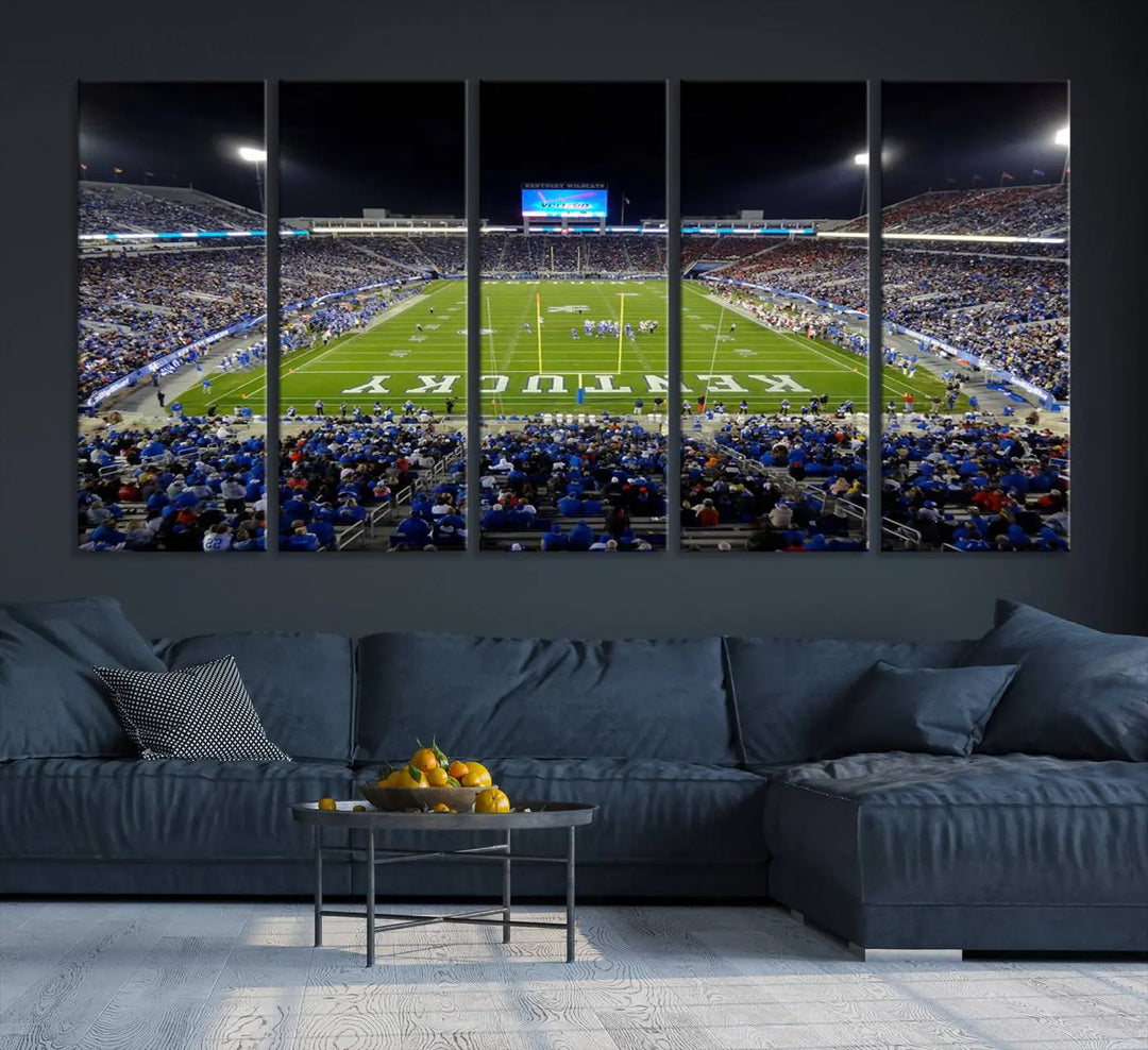 A sunset football game at Kroger Field in Lexington, with Kentucky showcased on the field, transforms into a stunning wall art piece. This premium canvas artwork, handmade in the USA, vividly encapsulates the vibrant energy and excitement of this memorable sports moment.