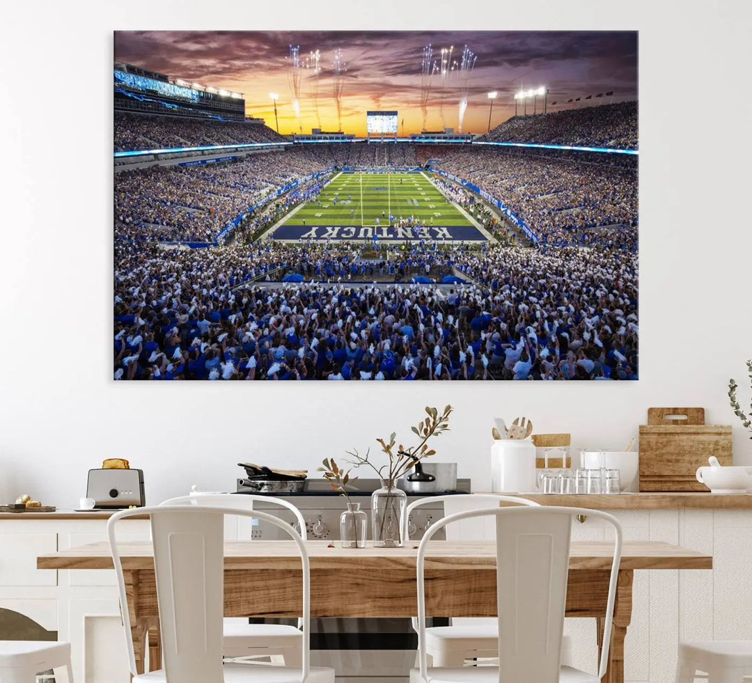 A wall art print of Kroger Field in Lexington captures the stadium at sunset.