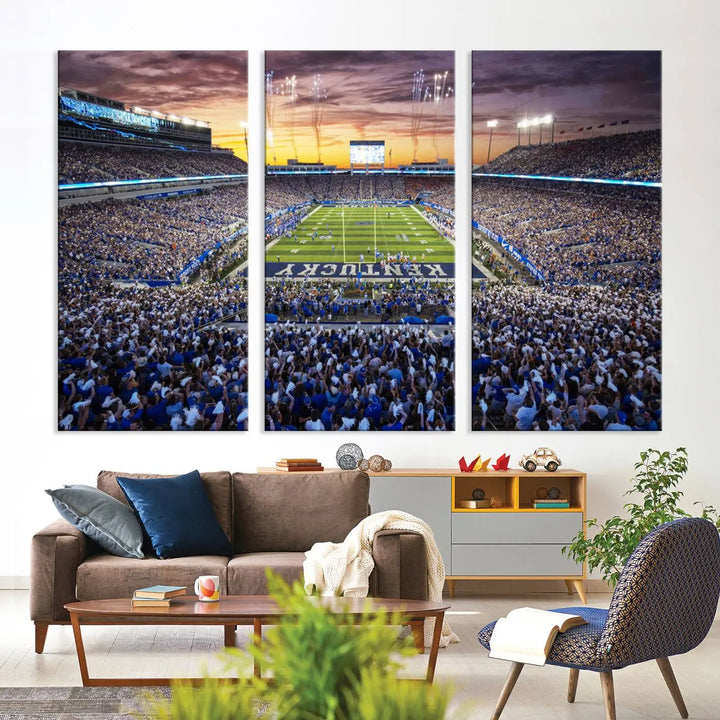 A wall art print of Kroger Field in Lexington captures the stadium at sunset.