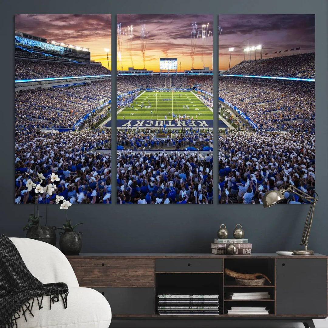 A wall art print of Kroger Field in Lexington captures the stadium at sunset.