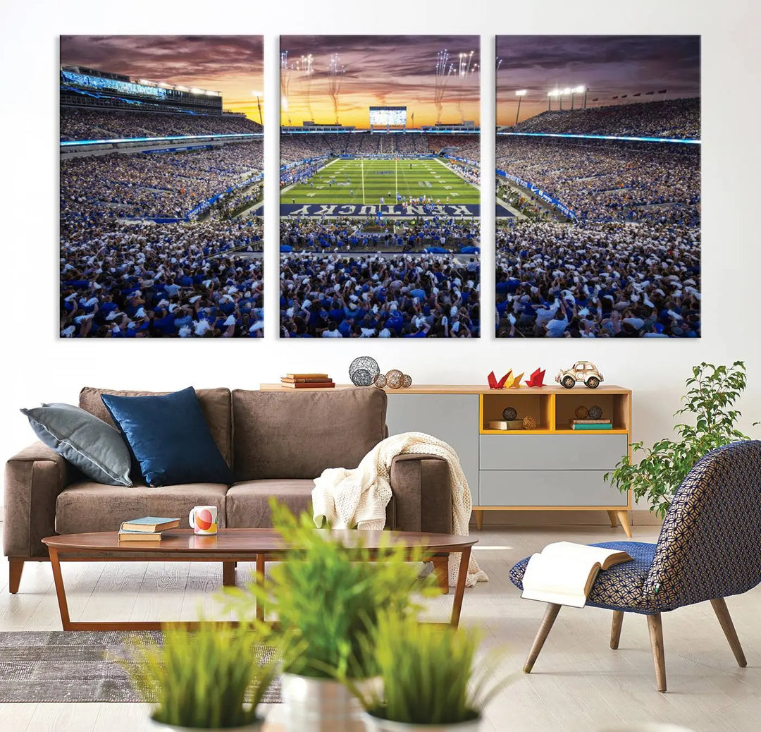 A wall art print of Kroger Field in Lexington captures the stadium at sunset.