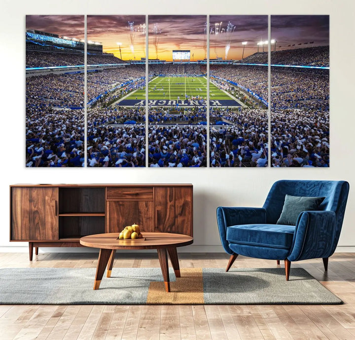 A wall art print of Kroger Field in Lexington captures the stadium at sunset.