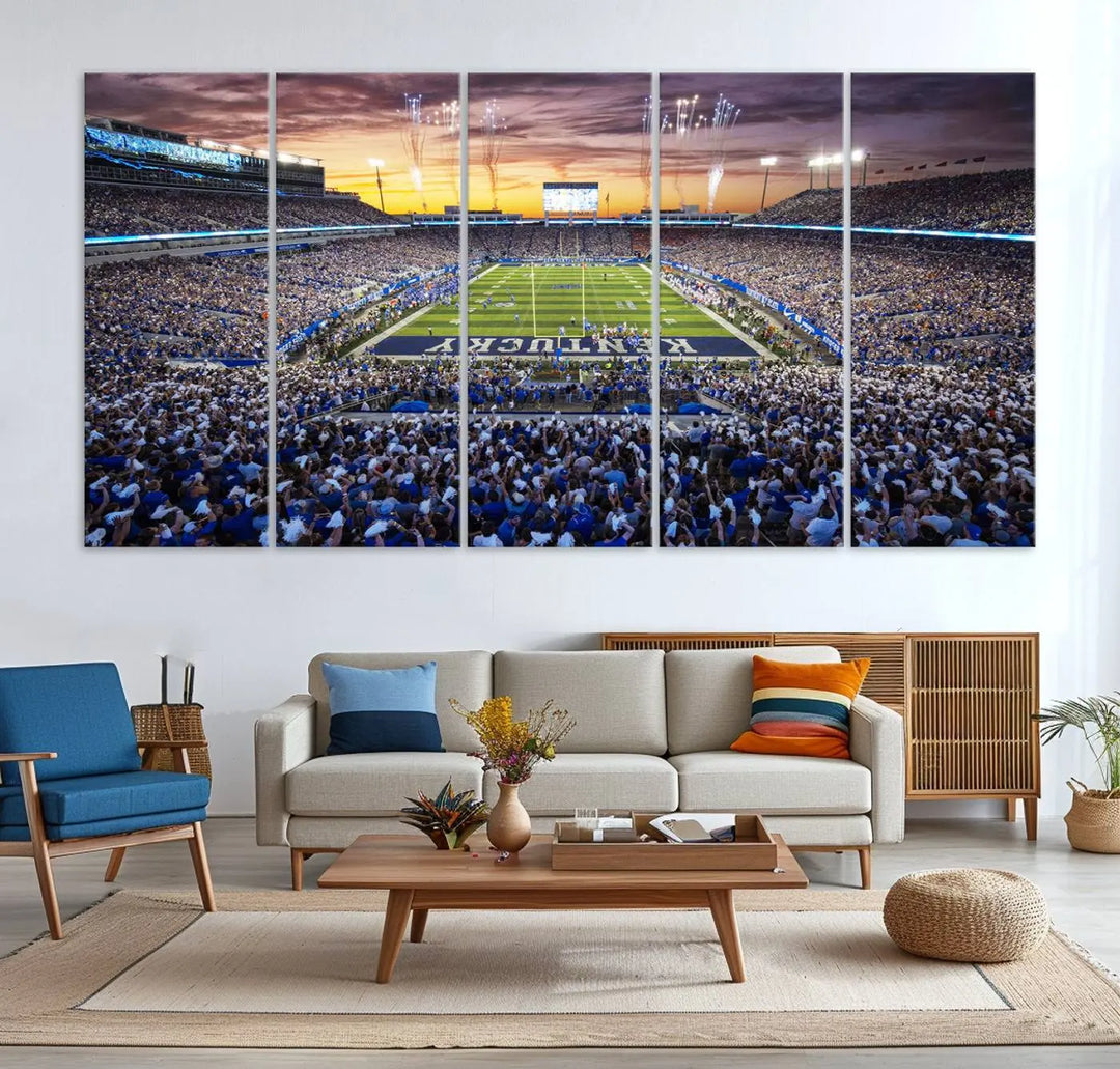 A wall art print of Kroger Field in Lexington captures the stadium at sunset.