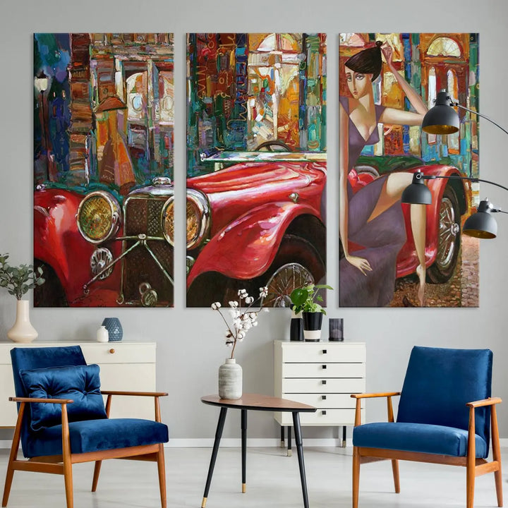 The modern living room is adorned with the "Lady With a Red Antique Car Wall Art Canvas Print," a triptych featuring a vintage red car and woman. This museum-quality canvas is ready to hang with a UV-protective coating to ensure lasting vibrancy.