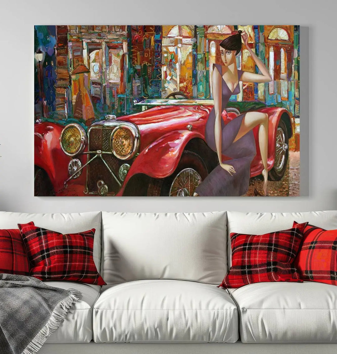 The modern living room is adorned with the "Lady With a Red Antique Car Wall Art Canvas Print," a triptych featuring a vintage red car and woman. This museum-quality canvas is ready to hang with a UV-protective coating to ensure lasting vibrancy.