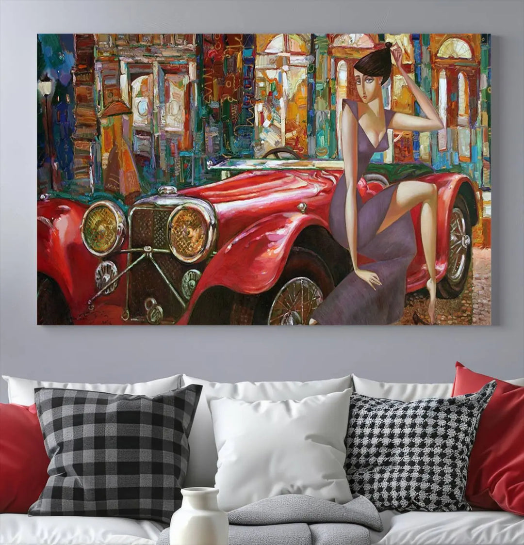 The modern living room is adorned with the "Lady With a Red Antique Car Wall Art Canvas Print," a triptych featuring a vintage red car and woman. This museum-quality canvas is ready to hang with a UV-protective coating to ensure lasting vibrancy.