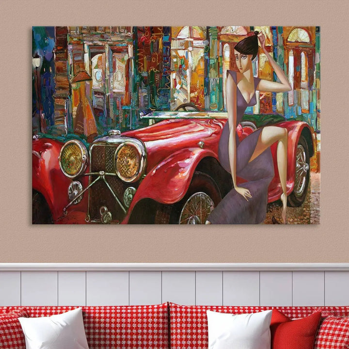 The modern living room is adorned with the "Lady With a Red Antique Car Wall Art Canvas Print," a triptych featuring a vintage red car and woman. This museum-quality canvas is ready to hang with a UV-protective coating to ensure lasting vibrancy.