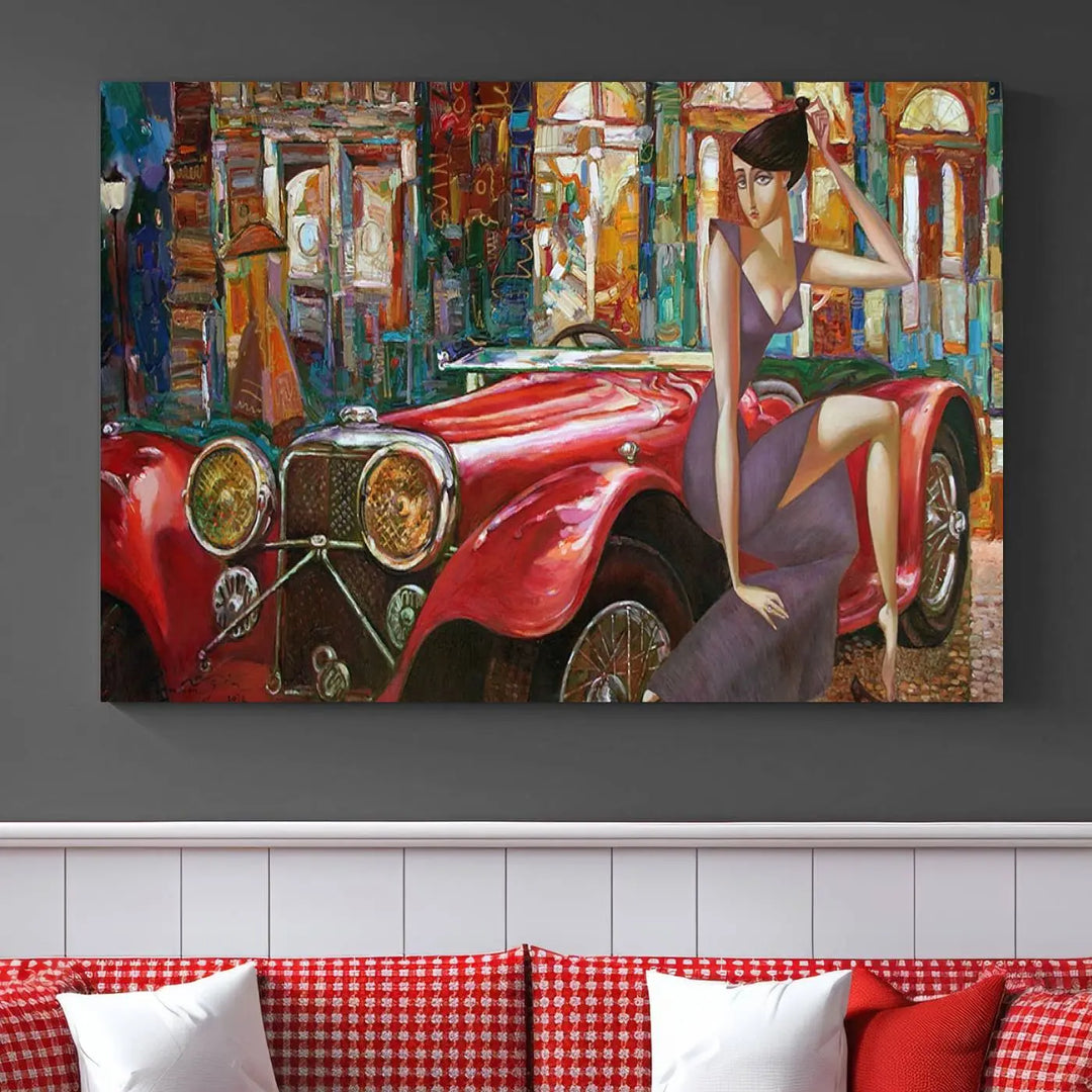 The modern living room is adorned with the "Lady With a Red Antique Car Wall Art Canvas Print," a triptych featuring a vintage red car and woman. This museum-quality canvas is ready to hang with a UV-protective coating to ensure lasting vibrancy.