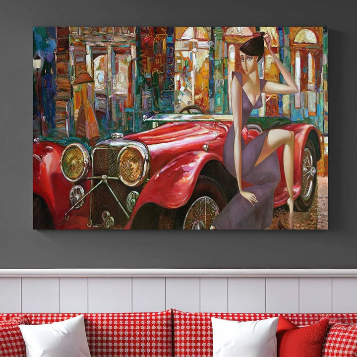 The modern living room is adorned with the "Lady With a Red Antique Car Wall Art Canvas Print," a triptych featuring a vintage red car and woman. This museum-quality canvas is ready to hang with a UV-protective coating to ensure lasting vibrancy.