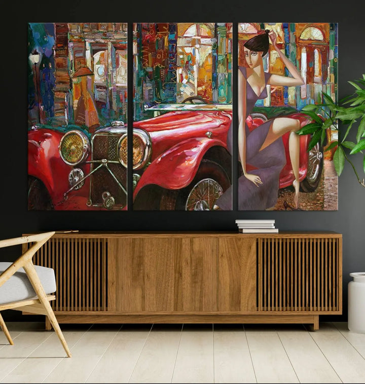 The modern living room is adorned with the "Lady With a Red Antique Car Wall Art Canvas Print," a triptych featuring a vintage red car and woman. This museum-quality canvas is ready to hang with a UV-protective coating to ensure lasting vibrancy.