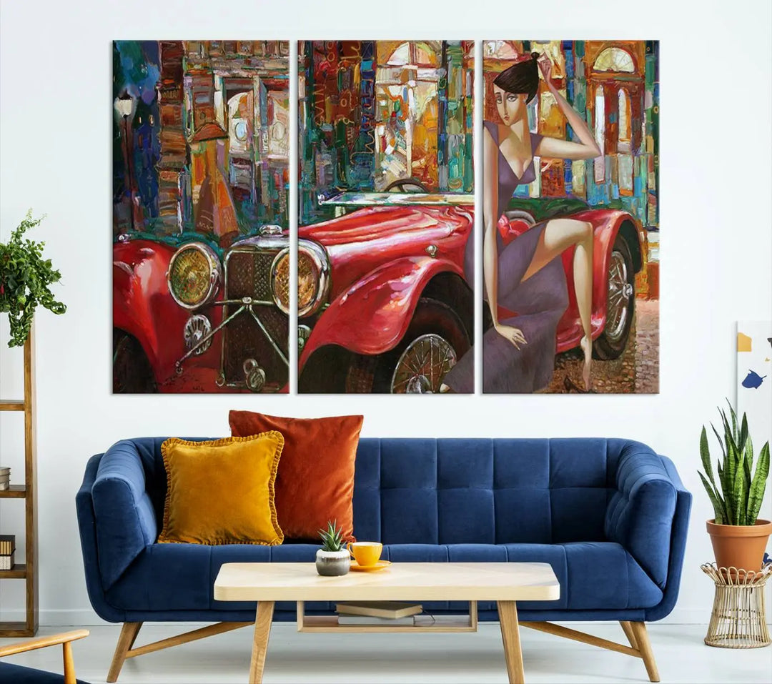 The modern living room is adorned with the "Lady With a Red Antique Car Wall Art Canvas Print," a triptych featuring a vintage red car and woman. This museum-quality canvas is ready to hang with a UV-protective coating to ensure lasting vibrancy.