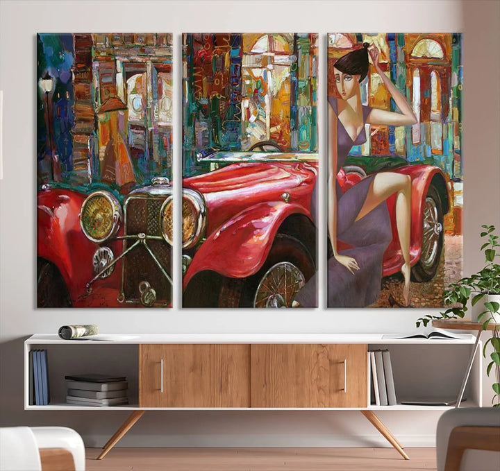 The modern living room is adorned with the "Lady With a Red Antique Car Wall Art Canvas Print," a triptych featuring a vintage red car and woman. This museum-quality canvas is ready to hang with a UV-protective coating to ensure lasting vibrancy.