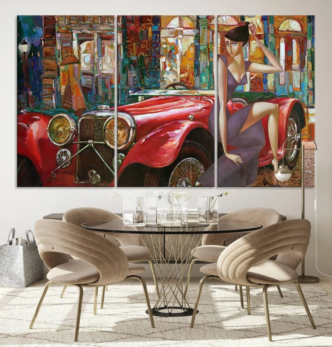 The modern living room is adorned with the "Lady With a Red Antique Car Wall Art Canvas Print," a triptych featuring a vintage red car and woman. This museum-quality canvas is ready to hang with a UV-protective coating to ensure lasting vibrancy.