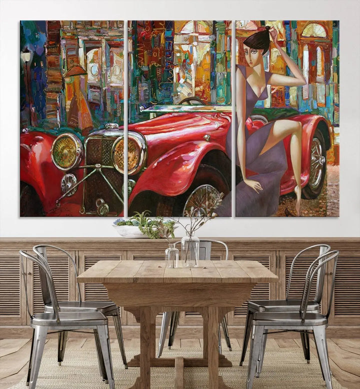 The modern living room is adorned with the "Lady With a Red Antique Car Wall Art Canvas Print," a triptych featuring a vintage red car and woman. This museum-quality canvas is ready to hang with a UV-protective coating to ensure lasting vibrancy.