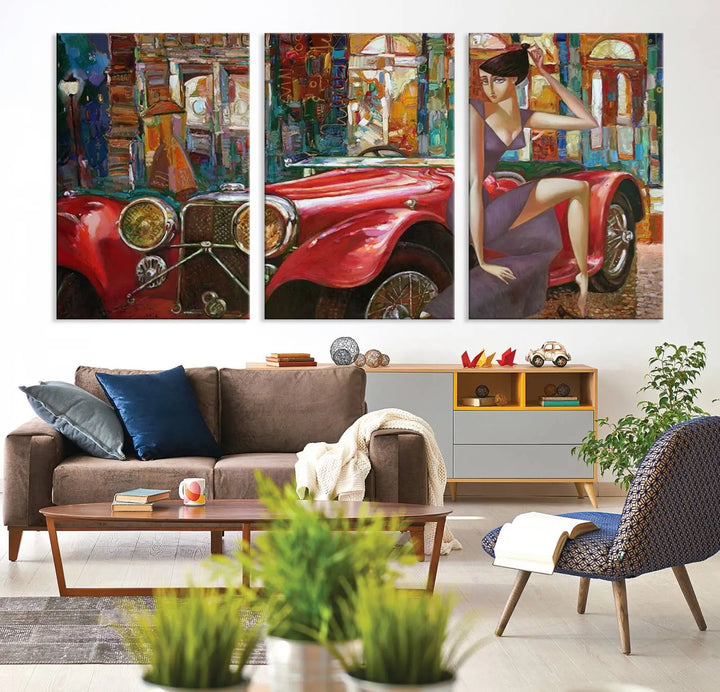 The modern living room is adorned with the "Lady With a Red Antique Car Wall Art Canvas Print," a triptych featuring a vintage red car and woman. This museum-quality canvas is ready to hang with a UV-protective coating to ensure lasting vibrancy.