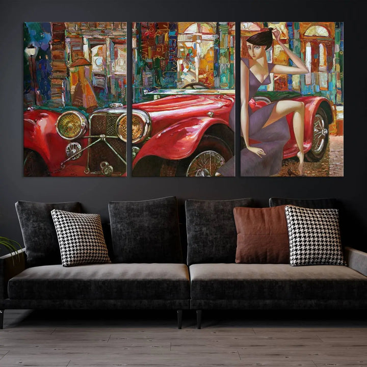 The modern living room is adorned with the "Lady With a Red Antique Car Wall Art Canvas Print," a triptych featuring a vintage red car and woman. This museum-quality canvas is ready to hang with a UV-protective coating to ensure lasting vibrancy.