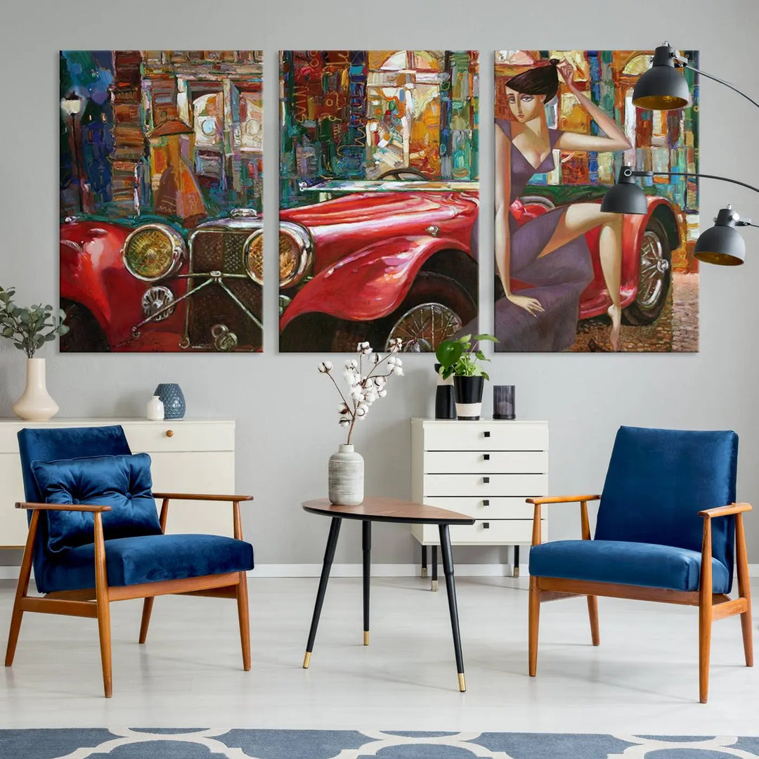 The modern living room is adorned with the "Lady With a Red Antique Car Wall Art Canvas Print," a triptych featuring a vintage red car and woman. This museum-quality canvas is ready to hang with a UV-protective coating to ensure lasting vibrancy.