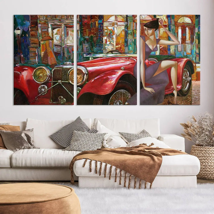 The modern living room is adorned with the "Lady With a Red Antique Car Wall Art Canvas Print," a triptych featuring a vintage red car and woman. This museum-quality canvas is ready to hang with a UV-protective coating to ensure lasting vibrancy.