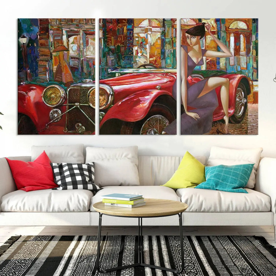 The modern living room is adorned with the "Lady With a Red Antique Car Wall Art Canvas Print," a triptych featuring a vintage red car and woman. This museum-quality canvas is ready to hang with a UV-protective coating to ensure lasting vibrancy.