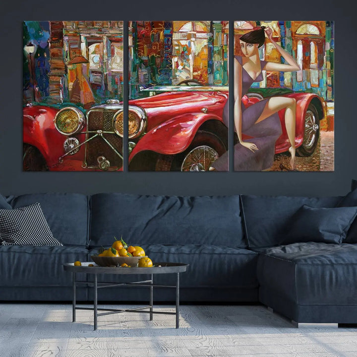 The modern living room is adorned with the "Lady With a Red Antique Car Wall Art Canvas Print," a triptych featuring a vintage red car and woman. This museum-quality canvas is ready to hang with a UV-protective coating to ensure lasting vibrancy.