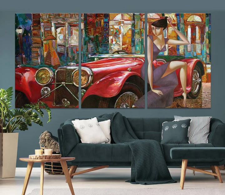 The modern living room is adorned with the "Lady With a Red Antique Car Wall Art Canvas Print," a triptych featuring a vintage red car and woman. This museum-quality canvas is ready to hang with a UV-protective coating to ensure lasting vibrancy.