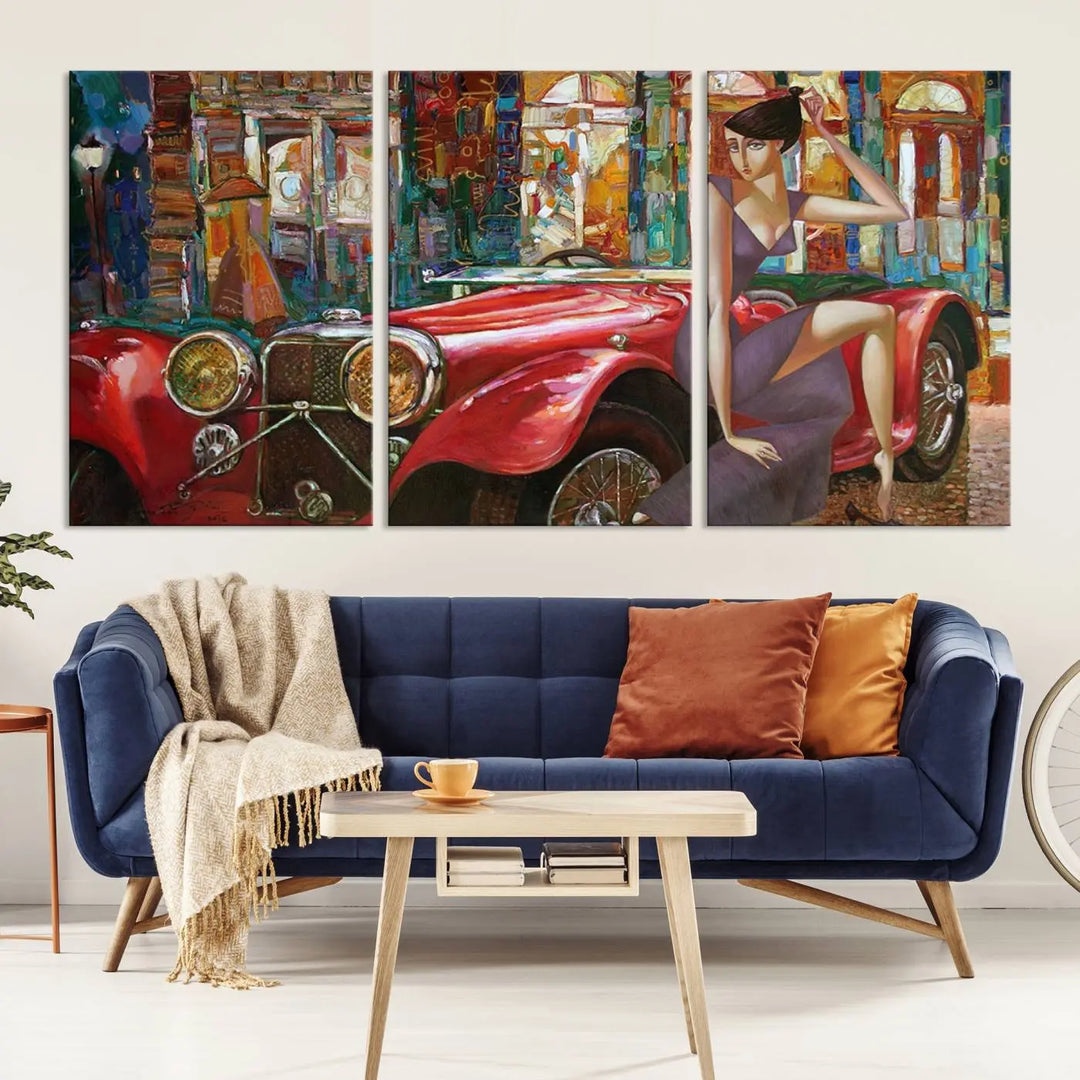 The modern living room is adorned with the "Lady With a Red Antique Car Wall Art Canvas Print," a triptych featuring a vintage red car and woman. This museum-quality canvas is ready to hang with a UV-protective coating to ensure lasting vibrancy.